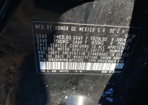 2020 Honda Fit Lx from USA, damaged, VIN 3HGGK5H49LM731932